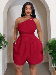 Slaydiva Bộ đồ liền thân ngắn cỡ lớn màu trắng trơn, chất liệu vải voan mỏng, không tay, lệch vai, khóa kim loại trang trí, thắt eo, có túi, dành cho người có vóc dáng mũm mĩm - A - Hàng mới về mùa Xuân/Hè. - Đỏ - Xem 1