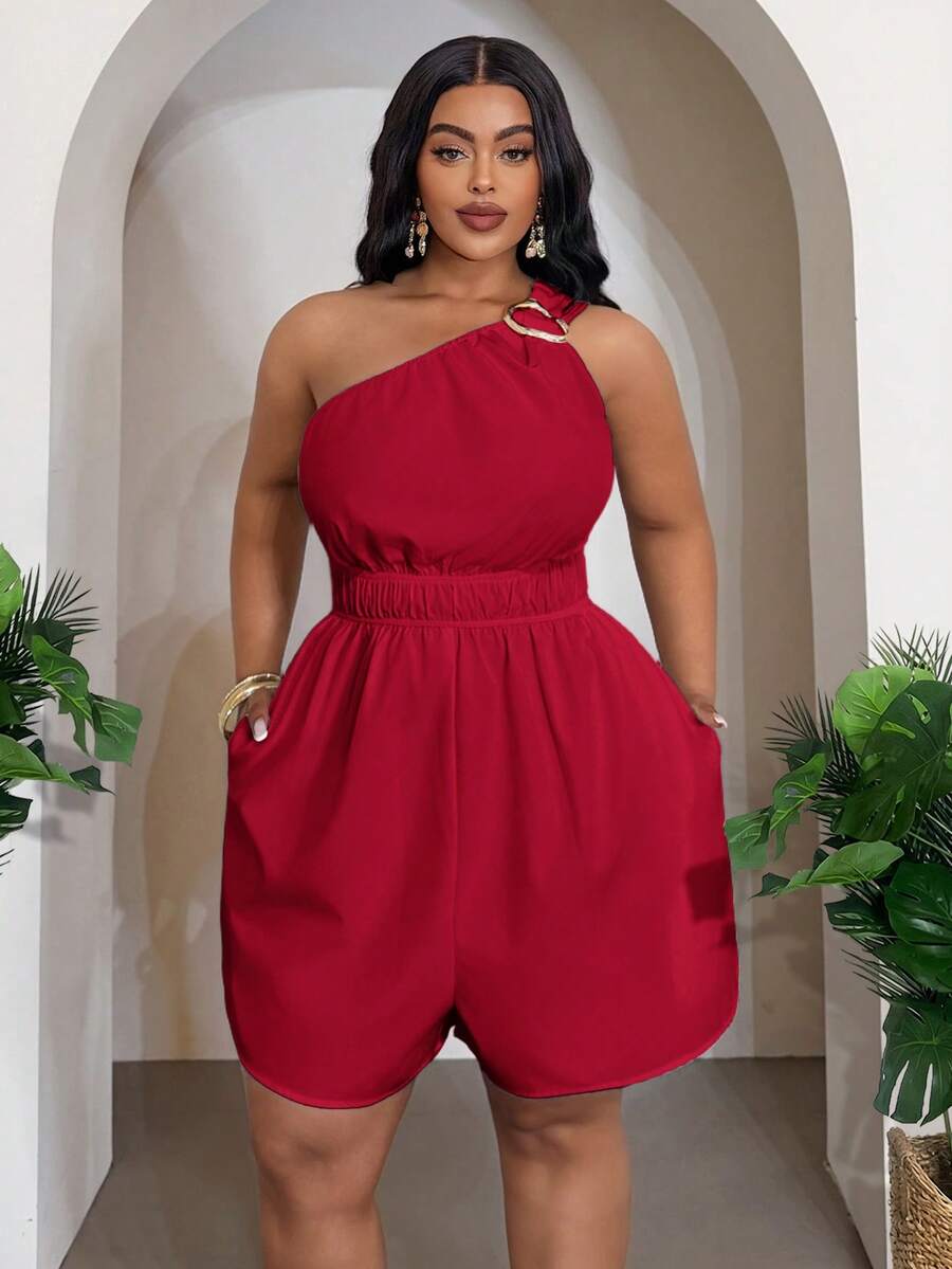 Slaydiva Bộ đồ liền thân ngắn cỡ lớn màu trắng trơn, chất liệu vải voan mỏng, không tay, lệch vai, khóa kim loại trang trí, thắt eo, có túi, dành cho người có vóc dáng mũm mĩm - A - Hàng mới về mùa Xuân/Hè. - Đỏ - Xem 1
