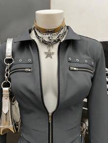 SHEIN Unity 女士修身拉链翻领衬衫 - 淺灰色 - 查看 4