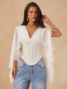 SHEIN BAE Áo croptop chiffon tay ngắn trễ vai màu đen, lãng mạn cho các buổi hẹn hò, ngày Valentine, đi chơi, tiệc tùng. - trắng - Xem 1