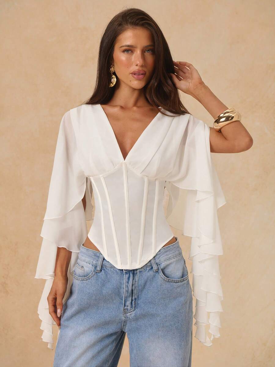 SHEIN BAE Áo croptop chiffon tay ngắn trễ vai màu đen, lãng mạn cho các buổi hẹn hò, ngày Valentine, đi chơi, tiệc tùng. - trắng - Xem 1