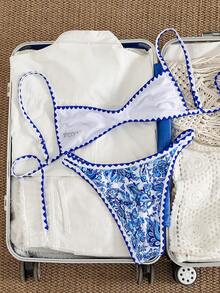 Swim Vcay Women's White And Blue Floral Bikini Sets,2 Pieces Summer Boho Swimwear With Hollow-Out Side Pants,Holiday Pool Party Retro Beach Outfits - Multicolor - View 7