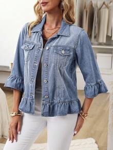 EMERY ROSE Áo khoác denim nữ kiểu dáng thường ngày với cổ tay áo xếp ly và cài khuy đơn. - Màu xanh lam - Xem 5