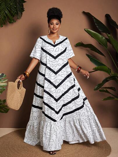 Maweii 大码女士优雅几何印花短袖连衣裙