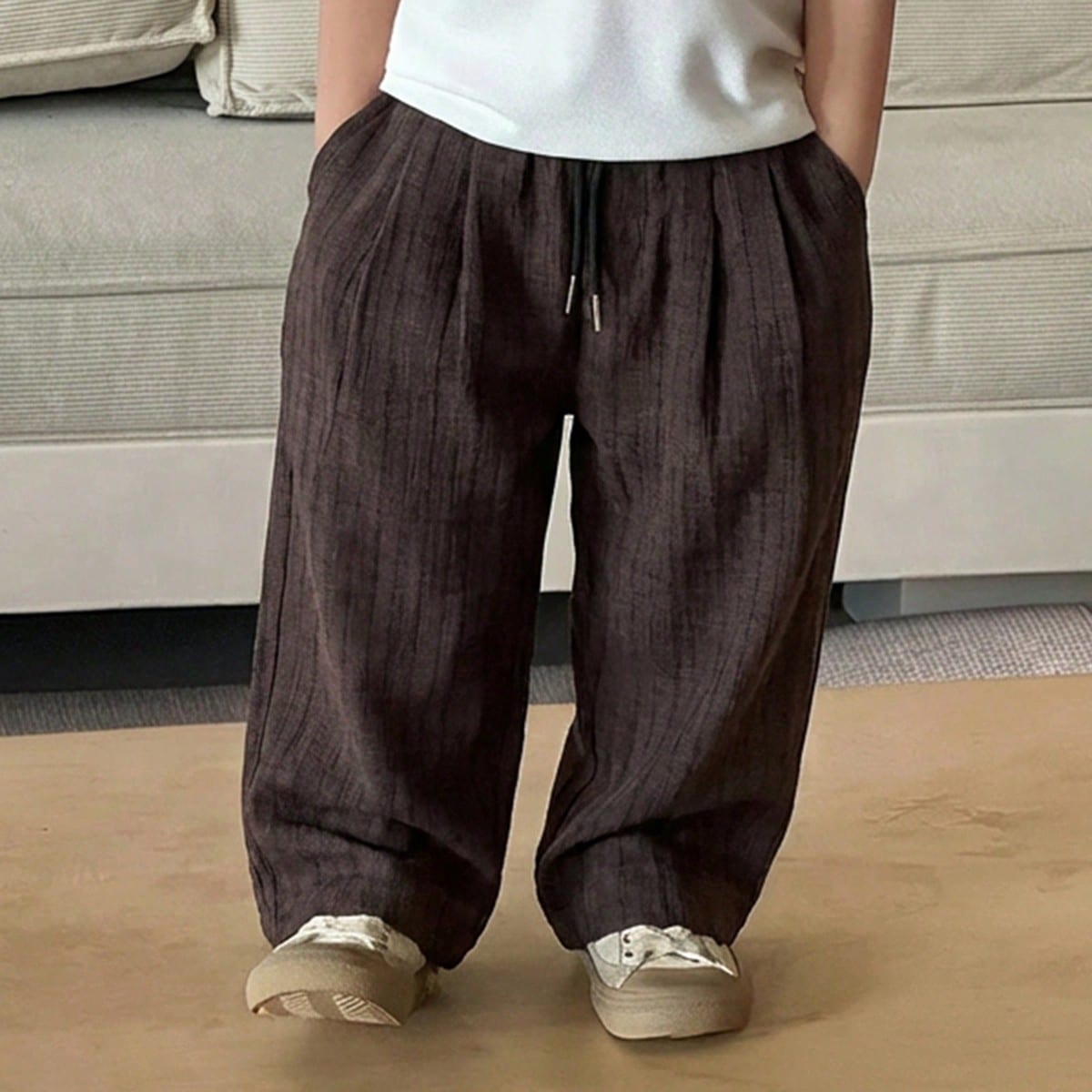 Pantalones casuales de uso diario de unicolor con cintura de cordón para niños pequeños
