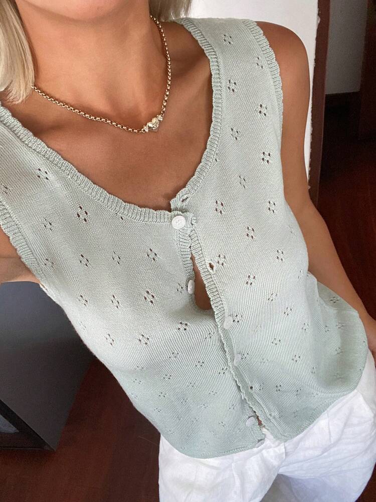 Solid Color Fitted Sleeveless Hollow Out Thin Knit Casual Summer Vest Jacket For Women