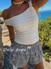 SHEIN MOD 大码露肩金属扣纹理面料上衣，甜美夏季休闲装 - 米色 - 查看 6