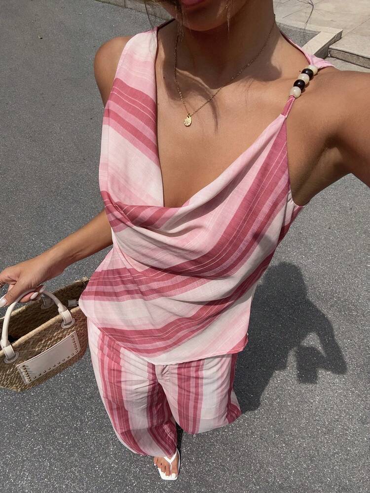Striped Draped Neck Dress For Women