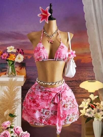 Bellisia Nuevo traje de baño para mujer 2026SS para vacaciones, citas, estilo occidental, cruceros, playa, isla, viajes por carretera, todas las estaciones, festivales de música, vacaciones bohemias, vacaciones bohemias, pantalones cortos plisados bohemios y frescos de otoño Y2K, conjunto de traje de baño elegante vintage casual jacquard a cuadros rosa y blanco, lindo y dulce de 3 piezas, ropa de playa casual para vacaciones para mujeres, conjunto de bikinis con cubrecuerpo, conjunto de atuendos de vacaciones para mujeres, atuendos de verano para mujeres, atuendos de cumpleaños para mujeres, atuendos de festival de 2 piezas para mujeres, atuendos de verano de 2 piezas para mujeres, atuendo de fiesta de playa para mujeres, atuendo de té para mujeres de 2 piezas