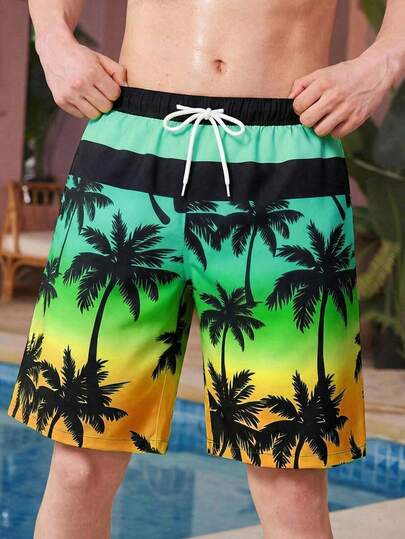 SHEIN Boys' Personalized Swimwear Shorts,  Beach Shorts Fresh Green And Yellow Gradient Base Full Print Black Coconut Tree Silhouette Design Drawstring Waist Loose Quick-Drying Shorts Men's Beach Vacation Swimming Trunks Casual Beach Pants Board Short Palm Tree Swim Shorts Mens Swim Shorts