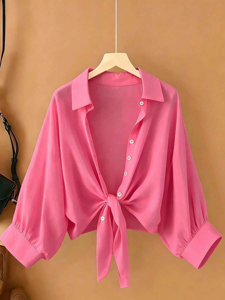 Resyla Nueva blusa de gasa de unicolor con cárdigan de manga de murciélago corto y casual para mujeres - Rosa Fucsia - Ver 1
