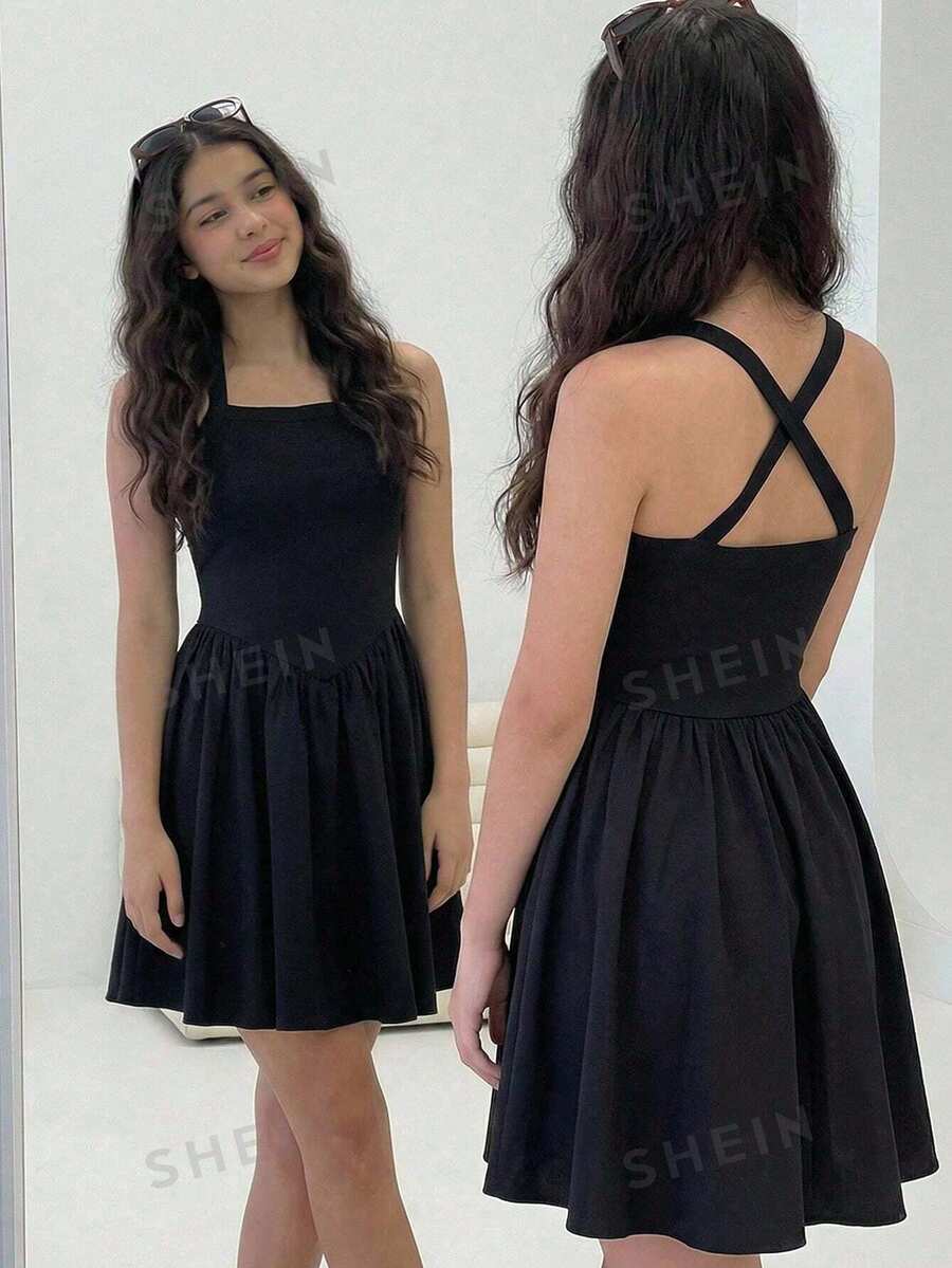 SHEIN 少女优雅纯色收腰露背连衣裙,夏季 - 黑色 - 查看 1