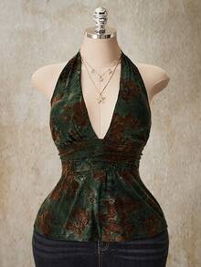 SHEIN ICON Camiseta sin espalda con lunares, estilo retro Y2K, con cuello en V, cintura ceñida y línea A, para tallas grandes. Camiseta de tirantes con lunares y escote halter, estilo babydoll con espalda descubierta. - Verde - View 4