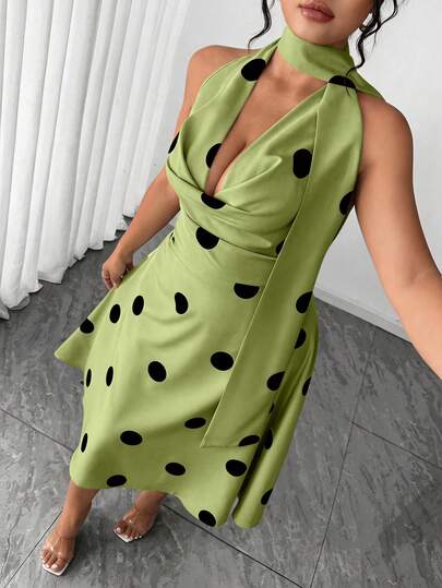 Elenzga Plus Size Women's Dark Green,Summer,70's,Elegant,Party French Polka Dot Draped Neck Tie Bow A-Line Long Dress,Versatile Vacation Prom Wedding Guest