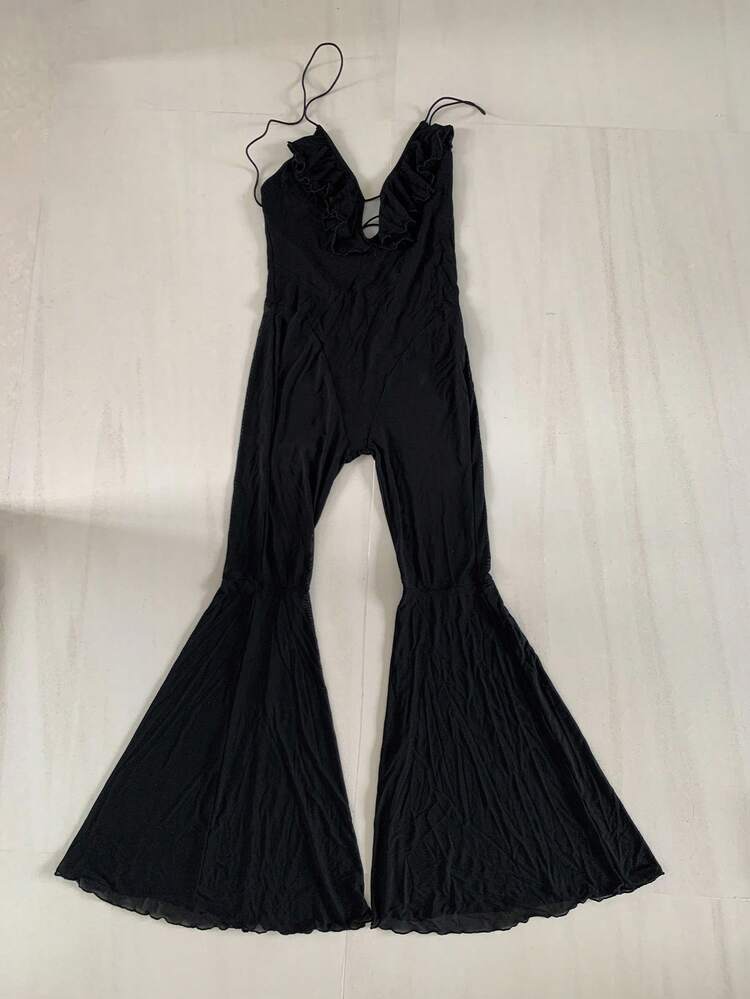 Halter-Neck Tie Backless Ruffled Collar Mesh Patchwork Slim Jumpsuit For Women, Sexy For Going Out Lingerie For Women