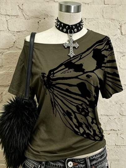 Glimmora Women's Y2K Retro Butterfly Print Asymmetrical Shoulder Tee, Fashion Punk Rock Style Casual Loose Short Sleeve T-Shirt