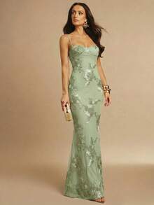3D Floral Sexy & Elegant Fish Tail Hem Slip Dress - Mint Green - View 3