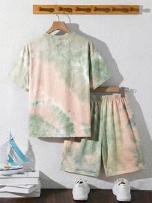 SHEIN 2 pièces Ensemble tricot pour enfants garçon, t-shirt à manches courtes ample à col rond et short, imprimé teinture tie-dye, style décontracté et confortable - Multicolore - Voir 2