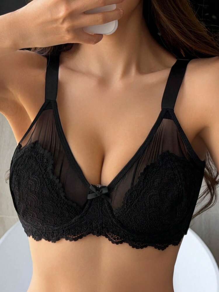 Mesh Lace Patchwork Semi-Sheer Lightly Padded Adjustable Strap Black Bra For Women
