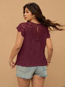 Elaquor Plus Size Women's Solid Color Casual Versatile Daily Short Sleeve T-Shirt - Burgundy - View 2