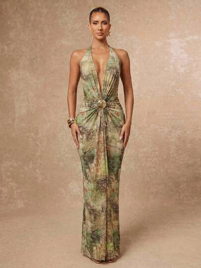 Lumalex 女士夏季度假植物印花露背吊带连衣裙