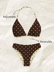 Bộ đồ bơi 2 mảnh cho bé gái tuổi teen, phong cách thường ngày, họa tiết chấm bi ngẫu nhiên trên vải dệt kim, áo cổ yếm điều chỉnh được và quần tam giác, thích hợp cho mùa hè ở bãi biển, hồ bơi, kỳ nghỉ và tiệc tùng. - màu nâu - Xem 1