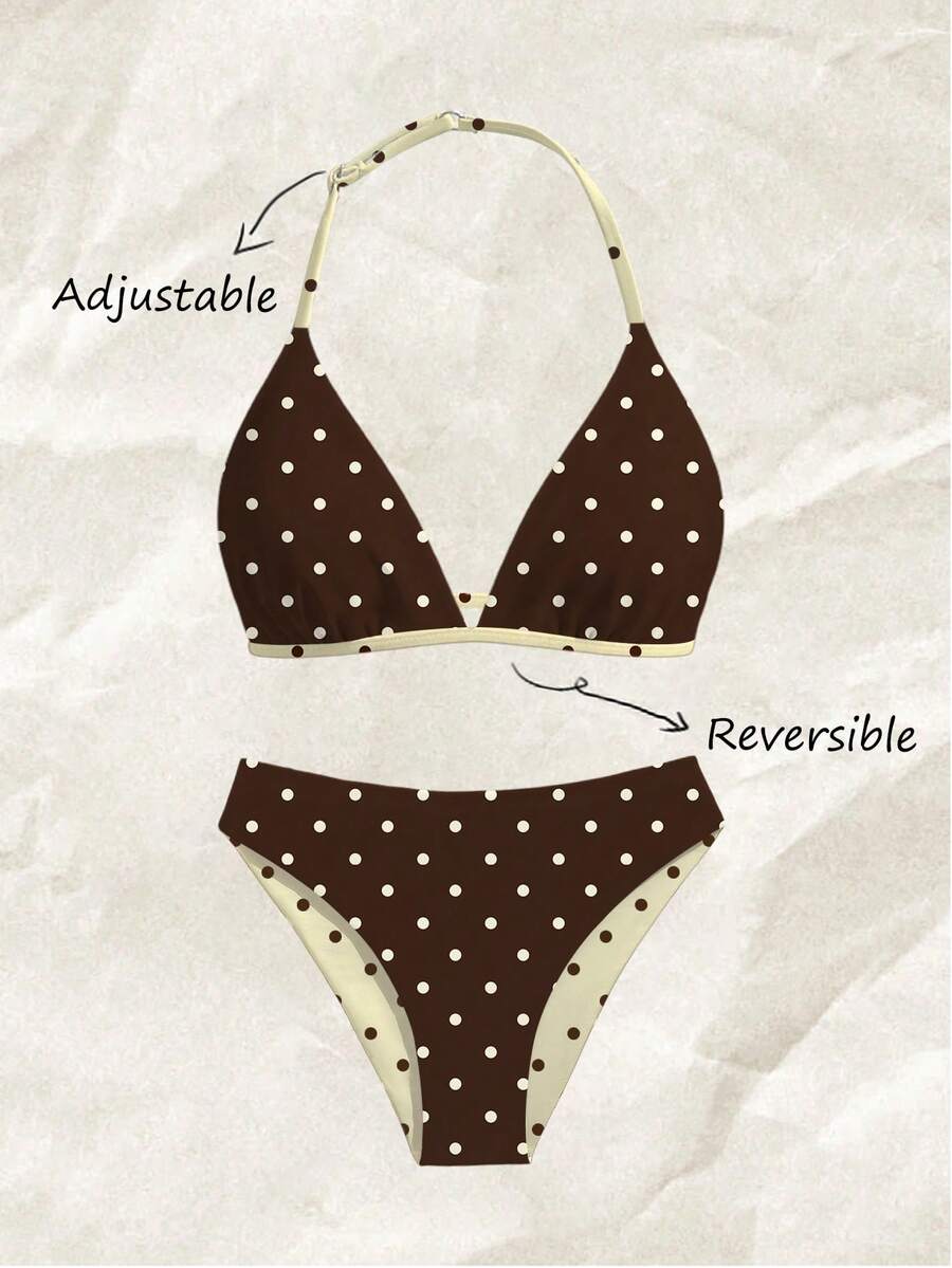 Bộ đồ bơi 2 mảnh cho bé gái tuổi teen, phong cách thường ngày, họa tiết chấm bi ngẫu nhiên trên vải dệt kim, áo cổ yếm điều chỉnh được và quần tam giác, thích hợp cho mùa hè ở bãi biển, hồ bơi, kỳ nghỉ và tiệc tùng. - màu nâu - Xem 1
