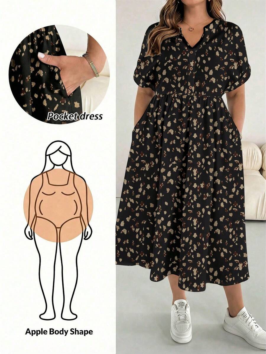 SHEIN Essnce 大码极简印花短袖连衣裙,带口袋 - 彩色 - 查看 1