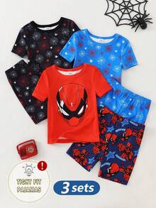 SHEIN 6-Piece Baby Boys Navy Blue Hero Cartoon Print Pajamas Set,Summer Cute Night Loungewear,Short Sleeve Round Neck Snug Fit Breathable Knit Sleepwear - Multicolor - View 4