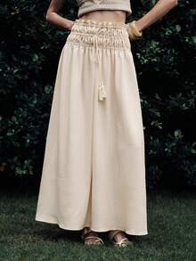 SHEIN Luminelle Chân váy nữ kiểu dáng thanh lịch, thắt eo, có tua rua, buộc dây, thích hợp cho mùa xuân/hè. - Màu be - Xem 3