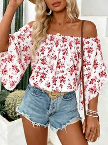 Breezaya 女士撞色印花露肩休闲衬衫 - 紅色 - 查看 3