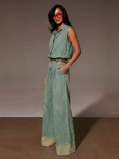 Athîral Denim Bộ jumpsuit denim không tay màu trơn tối giản dành cho nữ, trang phục thường ngày thoải mái.