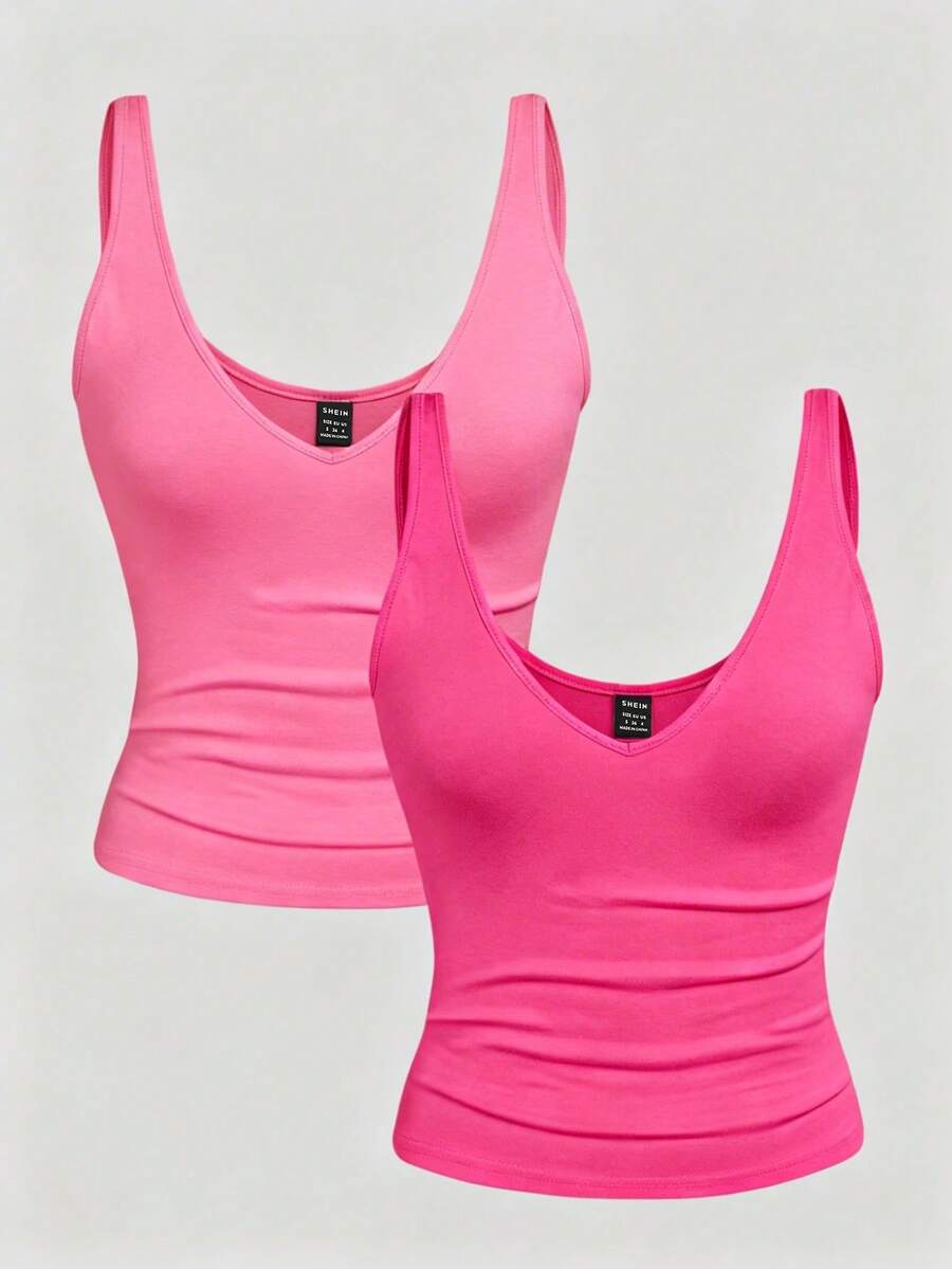 Franclia 2-3 Pcs Set Summer Fitted Short Leopard Print & Solid Color V-Neck Camisole For Women - Multicolor - View 1
