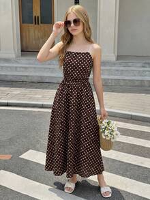 SHEIN Đầm ống chấm bi thắt eo cho bé gái tuổi teen, kiểu dáng đi nghỉ mát, đầm thường ngày cho trẻ em, đầm dài màu nâu cho bé gái, đầm hai dây màu nâu, đầm dài màu nâu, đầm chấm bi màu nâu. - Cà phê nâu - Xem 3