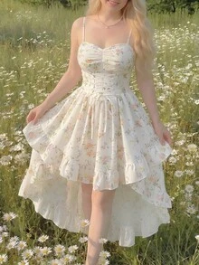 SHEIN MOD Đầm vintage cỡ lớn dành cho nữ, họa tiết hoa, cổ tim, thắt dây chéo, xếp ly, vạt bất đối xứng, thích hợp cho mùa xuân/hè, phong cách vintage, dạo phố, tiệc trà chiều, tiệc tốt nghiệp, đầm tốt nghiệp màu trắng, đi chơi thường ngày, hẹn hò. - Nhiều màu - Xem 1