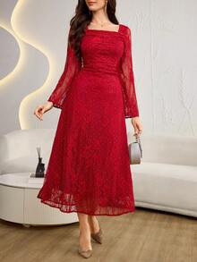 Modelyn French Square Collar Lace Rhinestone Embellished Fitted Long Sleeve Elegant Mid-Length Dress For Women - Burgundy - View 5