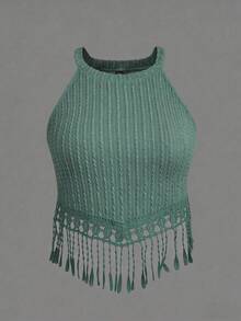 SHEIN LUNE Plus Size Off-Shoulder Tassel Cropped Camisole - Green - View 1