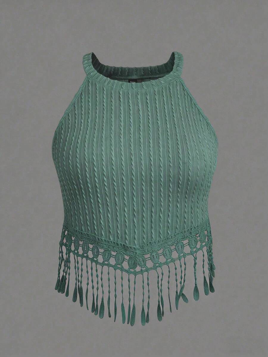 SHEIN LUNE Plus Size Off-Shoulder Tassel Cropped Camisole - Green - View 1
