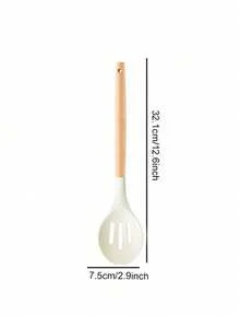 Madebyblanc Bộ dụng cụ nấu ăn bằng silicon 13 món, bao gồm giá đỡ, bộ dụng cụ nhà bếp, thích hợp để nấu nướng, thìa cán gỗ, kìm. - trắng - Xem 11