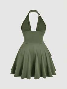 SHEIN MOD Plus Size Army Green Summer Boho Vacation Holiday Vintage 70s Asymmetrical Mini Dress,Halter Neck Beaded Layered Cake Hem Ruffle Draped Collar Y2K - Army Green - View 2