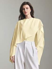 Ontre 女士舒适亲肤柔软光泽微弹面料，可拆卸披肩设计，宽松版型，落肩长袖，小立领，不对称下摆披肩，现代优雅婚礼宾客装扮，简约浪漫法式奢华感，都市时尚商务休闲办公装，低调复古高端风格，高品质都市通勤机场邮轮装，中东必备单品，优质面料，四季皆宜，婚礼系列女士上衣 - 黃色 - 查看 5