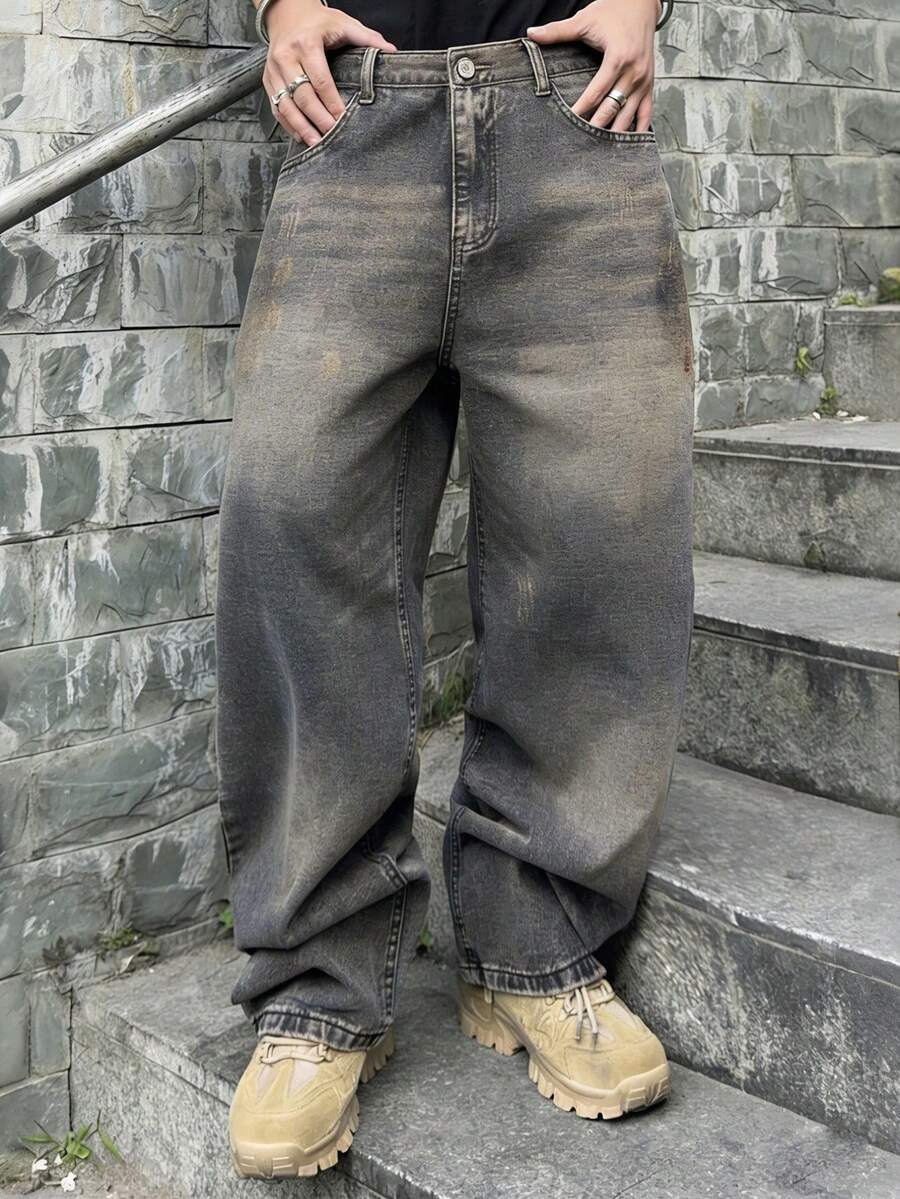 Manfinity EMRG Men's Vintage Washed Distressed Casual Wide Leg Denim Jeans - Light Wash - View 1