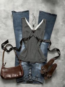 Glimmora 女士波点印花飘逸系带无袖上衣 - 黑色 - 查看 1