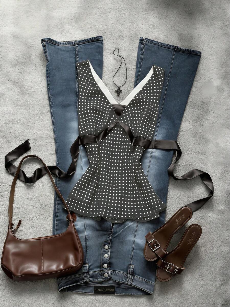 Glimmora 女士波点印花飘逸系带无袖上衣 - 黑色 - 查看 1