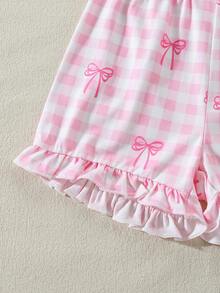 SHEIN Vintaside Kids 6件套女婴可爱俏皮优雅蝴蝶结印花短袖短裤套装，春夏款 - 粉色 - 查看 7