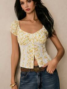 Poéselle Áo sơ mi nữ kiểu vintage họa tiết hoa, ren, dáng corset, peplum – Áo cổ tim, tay phồng, áo corset hoa, áo viền ren, tay phồng, áo kiểu cottagecore, áo cổ tim, áo hoa vintage, áo peplum mùa hè, áo ren lãng mạn, áo hoa dệt in kỹ thuật số thời trang và thanh lịch, áo cổ tim, áo mùa hè cho nữ, áo babydoll cho nữ. - Nhiều màu - Xem 5