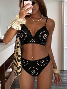 Serisse 2026款女士镂空性感比基尼套装，适合海滩度假 - 黑色 - 查看 5