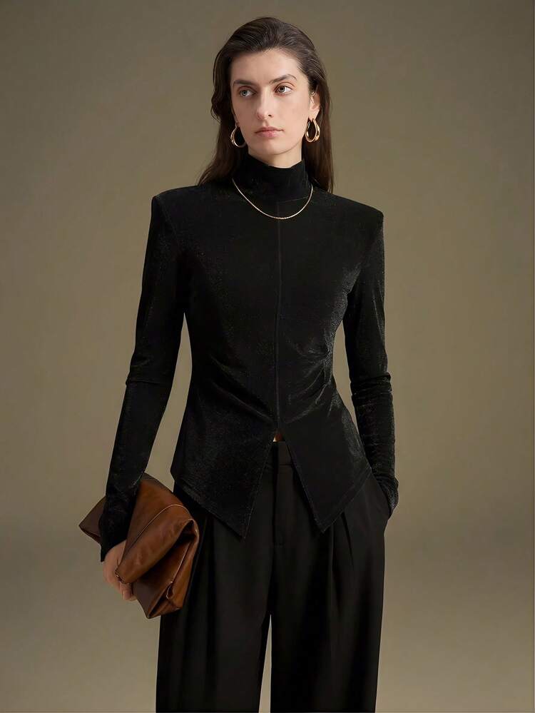 2026 Spring/Summer New Women's Mock Neck Raglan Sleeve Slit Hem Fitted Blouse, Urban Commute Business Casual Office Lady Wear, Elegant Outfit For Valentine's Day Party, Black Basic Top For Outing