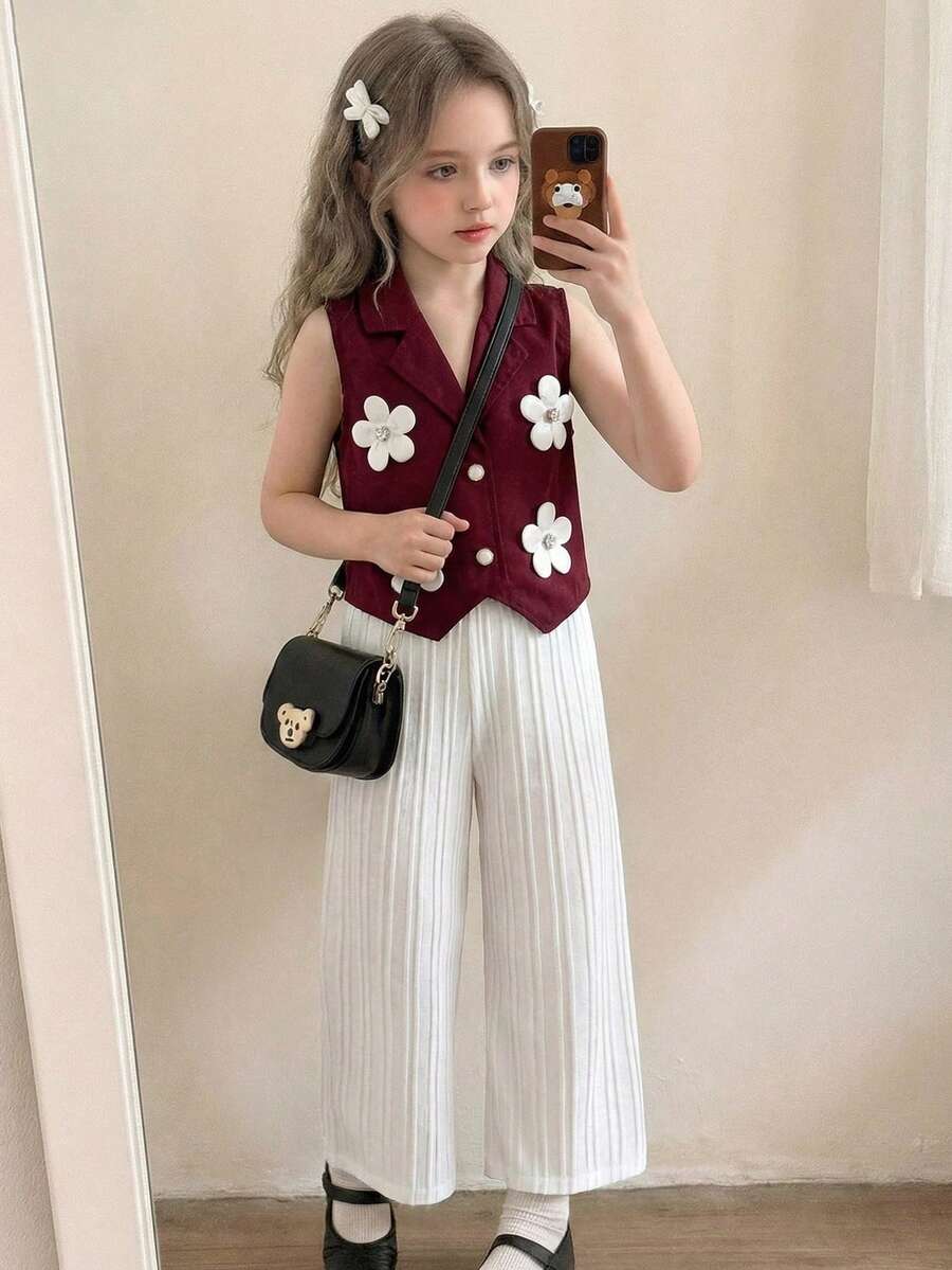 Elladie kids 2件組少女夏季生日拍照套裝,無袖翻領開襟上衣配3D花朵裝飾與白色直筒休閒長褲 - 紅色 - 查看 1