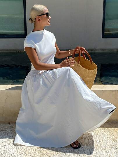 Livesso Đầm dài ngang gối màu trơn, cổ tròn, tay ngắn, thắt eo, thích hợp mặc ngoài trời cho nữ.